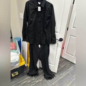 J. Crew Black Pantsuit with Feather Trim